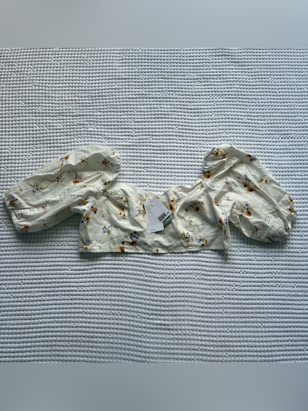 NWT H&M Organic Cotton Linen Floral Puff Sleeve Crop Top Milkmaid Cottagecore XL